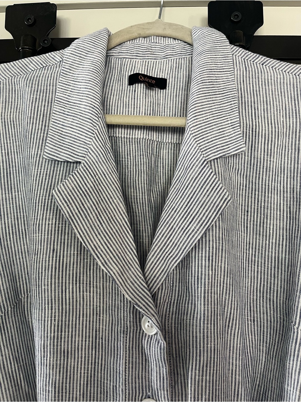 Quince 100% Linen Blue White Pinstripe Midi Dress with Tie Waist Buttons - Large - Picture 4 of 10